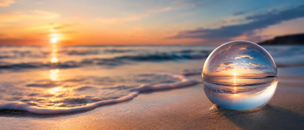 A Crystal ball in the surf as the sun rises in the distance.