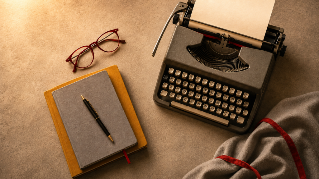A typewriter, reading glasses, and notebooks stacked with a pen.
